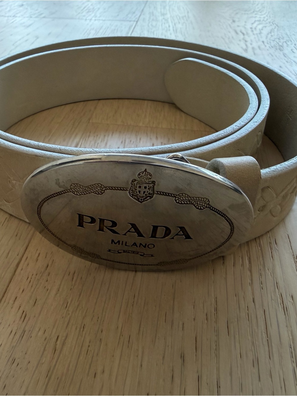 Prada Light Beige Leather Belt with Oval Logo Buckle